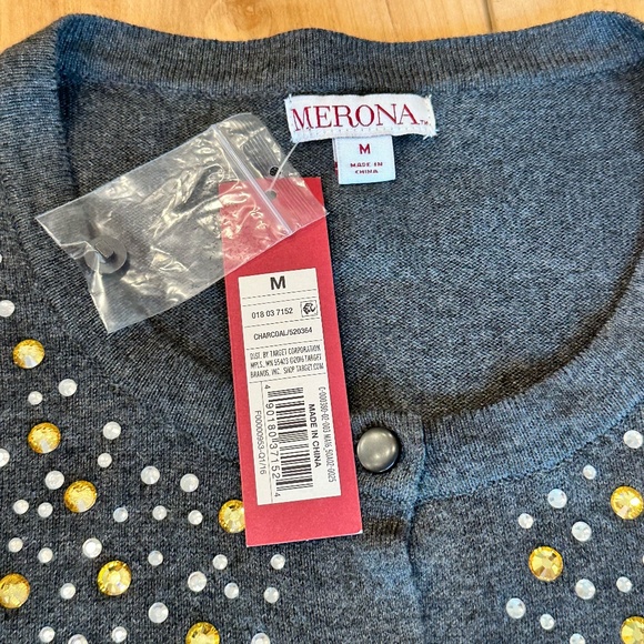 NWT Merona Women's Long Sleeve ButtonUp Cardigan Jeweled Embellished Gray M - Picture 7 of 10